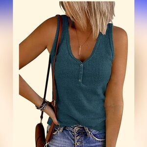 V Neck Tank Top  Sleeveless Ribbed Button in Small by Merrokeety